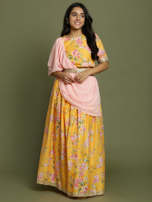 Girl's Yellow Floral Print Crop Top & Lehenga Set With Dupatta